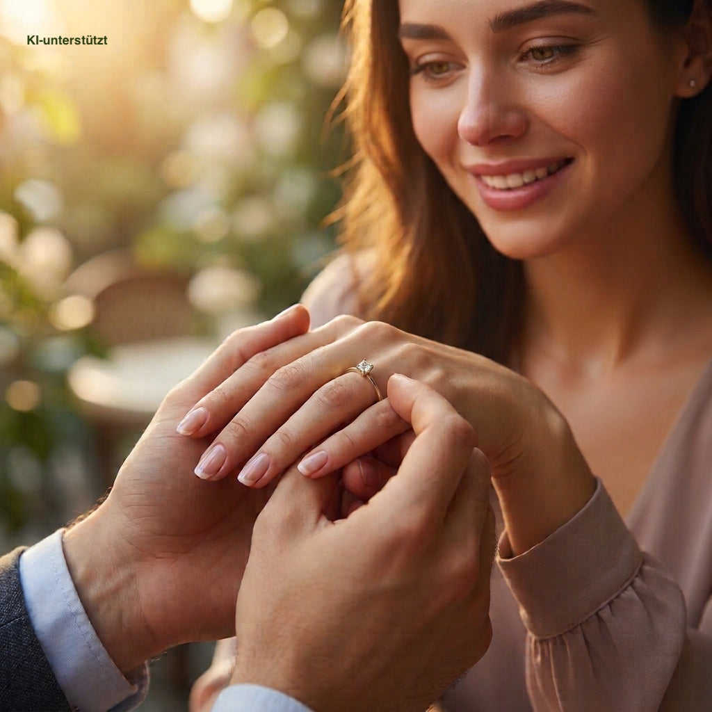 Solitaire ring in 750 yellow gold with a princess-cut diamond, on the hand of an AI-generated woman