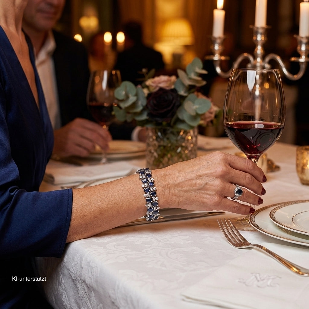 Vintage Armband in 585er Weißgold mit ca. 4,5 ct Brillanten und ca. 26,4 ct Saphiren, an einem KI-generierten Handgelenk einer Frau beim Abendessen