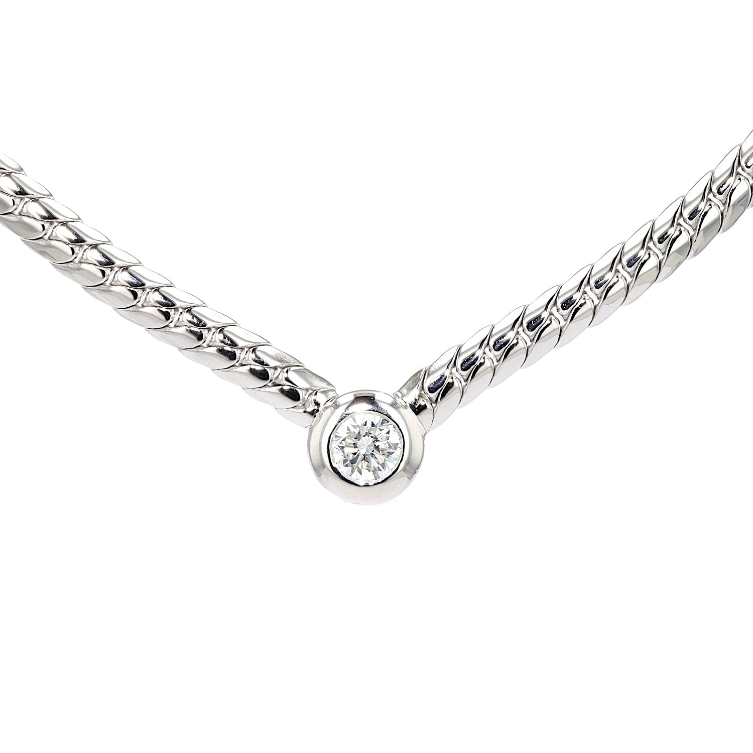 Panzercollier in halbrund aus 585er Weißgold mit einem Brillanten, ca. 0,90 ct, hängend frontal