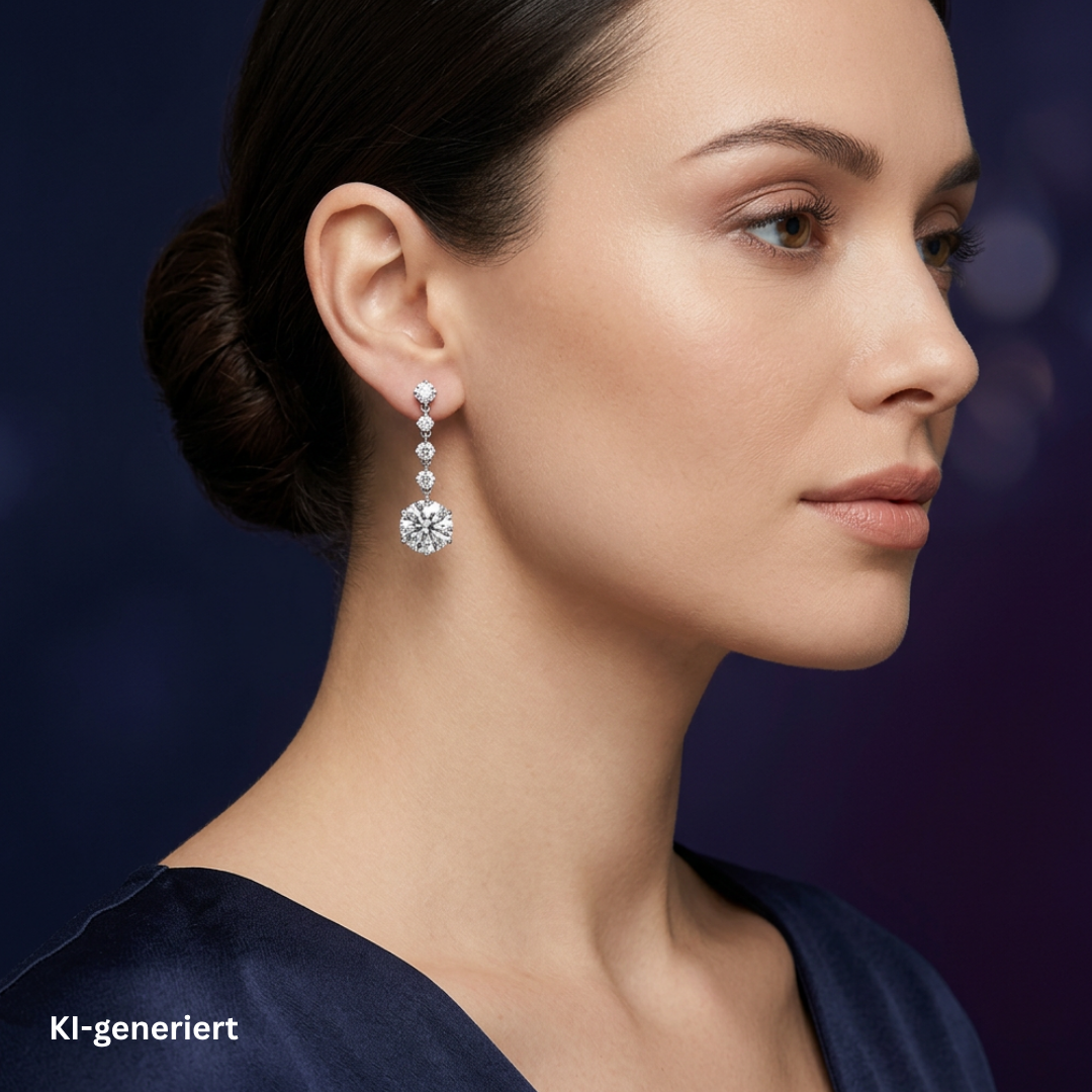 Juwelen Ohrringe in 750er Weißgold mit insgesamt 10 Brillanten, gesamt ca. 6,98 ct in feinster Qualität, ein Ohrring am Ohr einer >Dame KI-geniert Seitenansicht