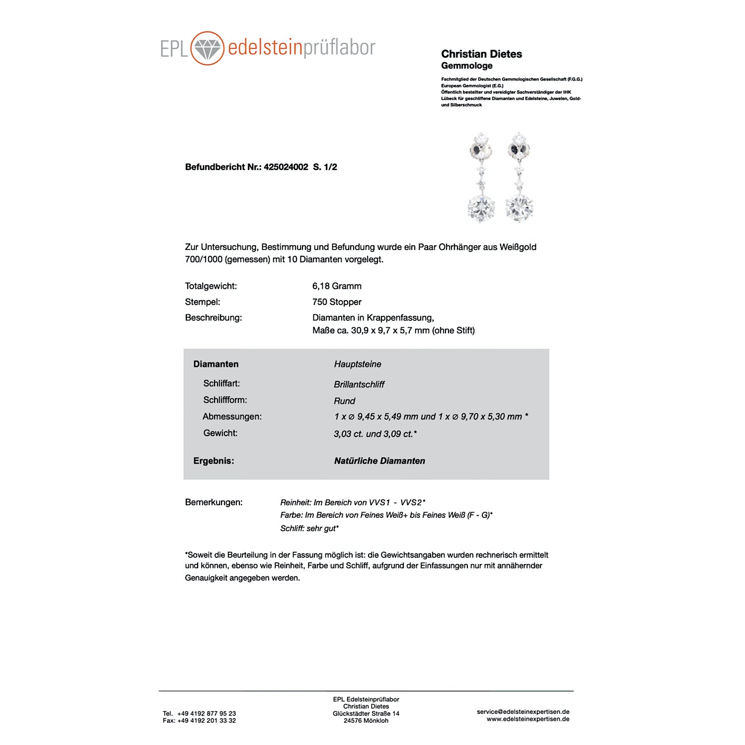 Ohrringe in 700er Weißgold mit insgesamt ca. 6,98 ct Brillanten in feinster Qualität, Gutachten Teil 1