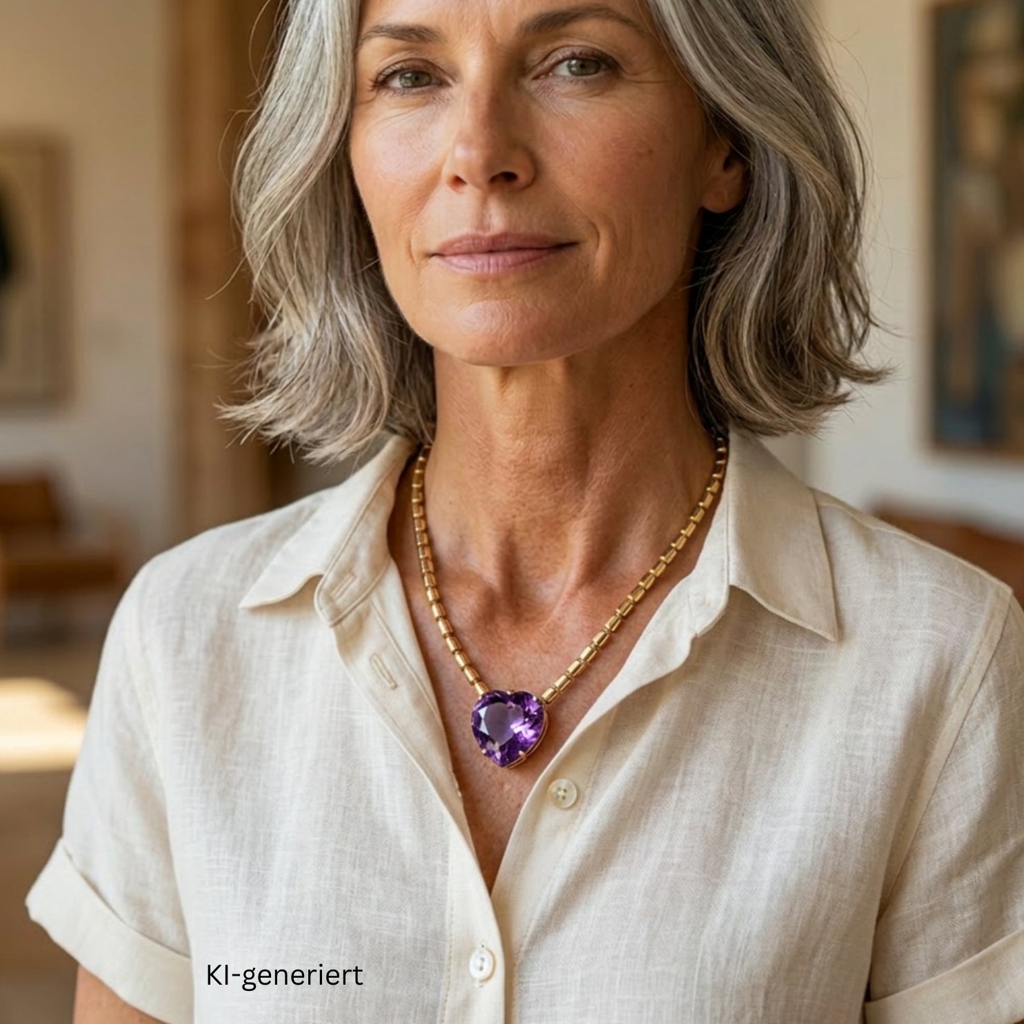 Kette Possession von Piaget mit Brillanten, Anhänger von Wempe mit einem Amethyst ca. 74 ct in 750er Gold, am Hals einer älteren Frau KI-generiert