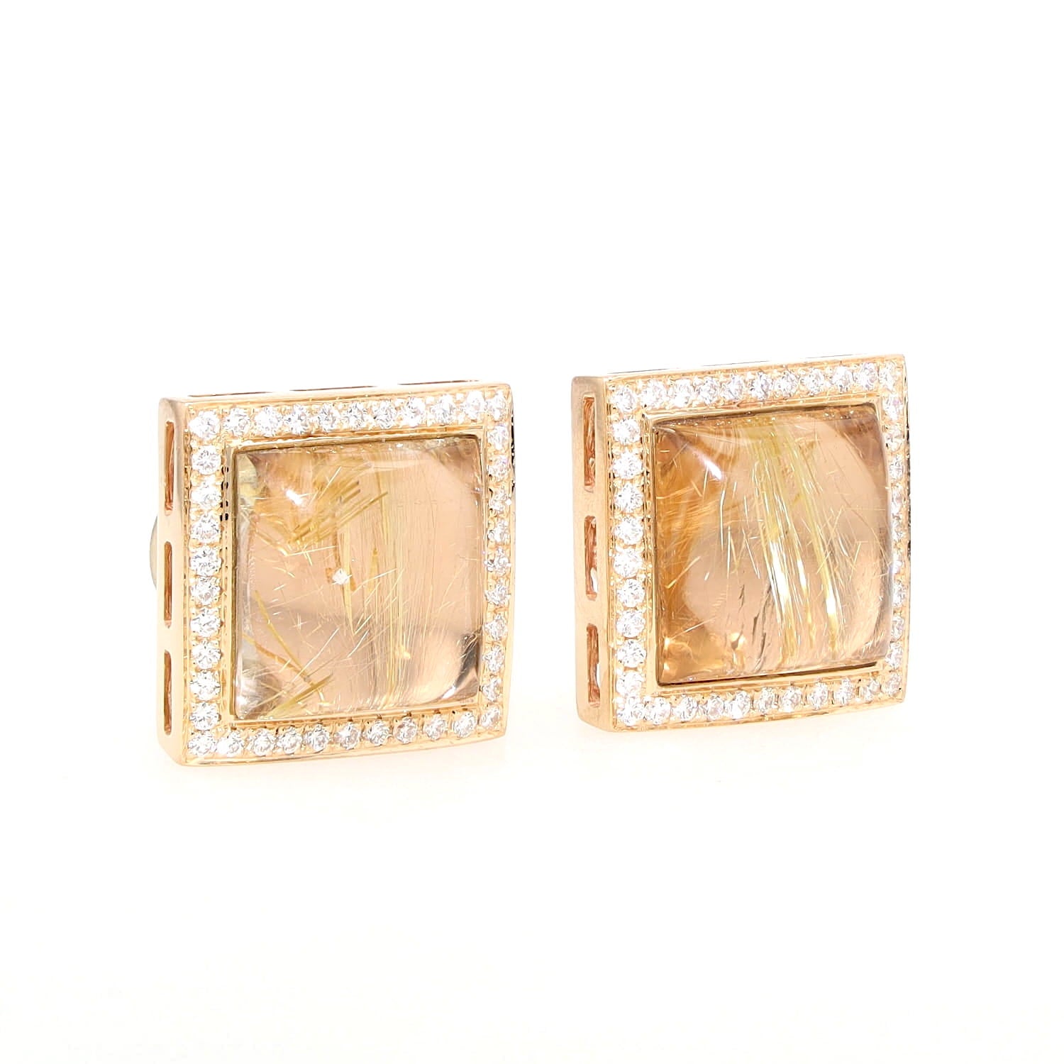 Italienische Ohrringe in 750er Roségold mit einem Rutil-Quarz und Brillanten, stehend rechts gedreht