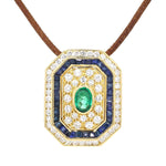 Pendant in 750 yellow gold Brilliants, blue sapphires and an emerald, hanging frontally