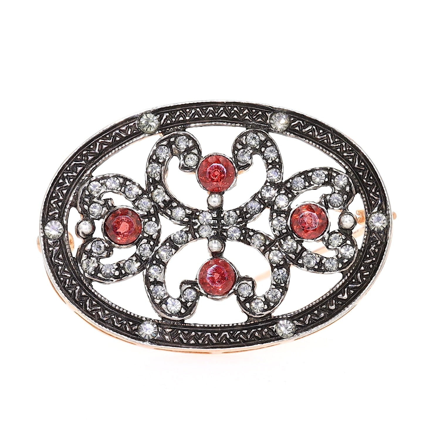 Italian brooch made of 925 silver, gold-plated with red and white glass stones, standing frontally