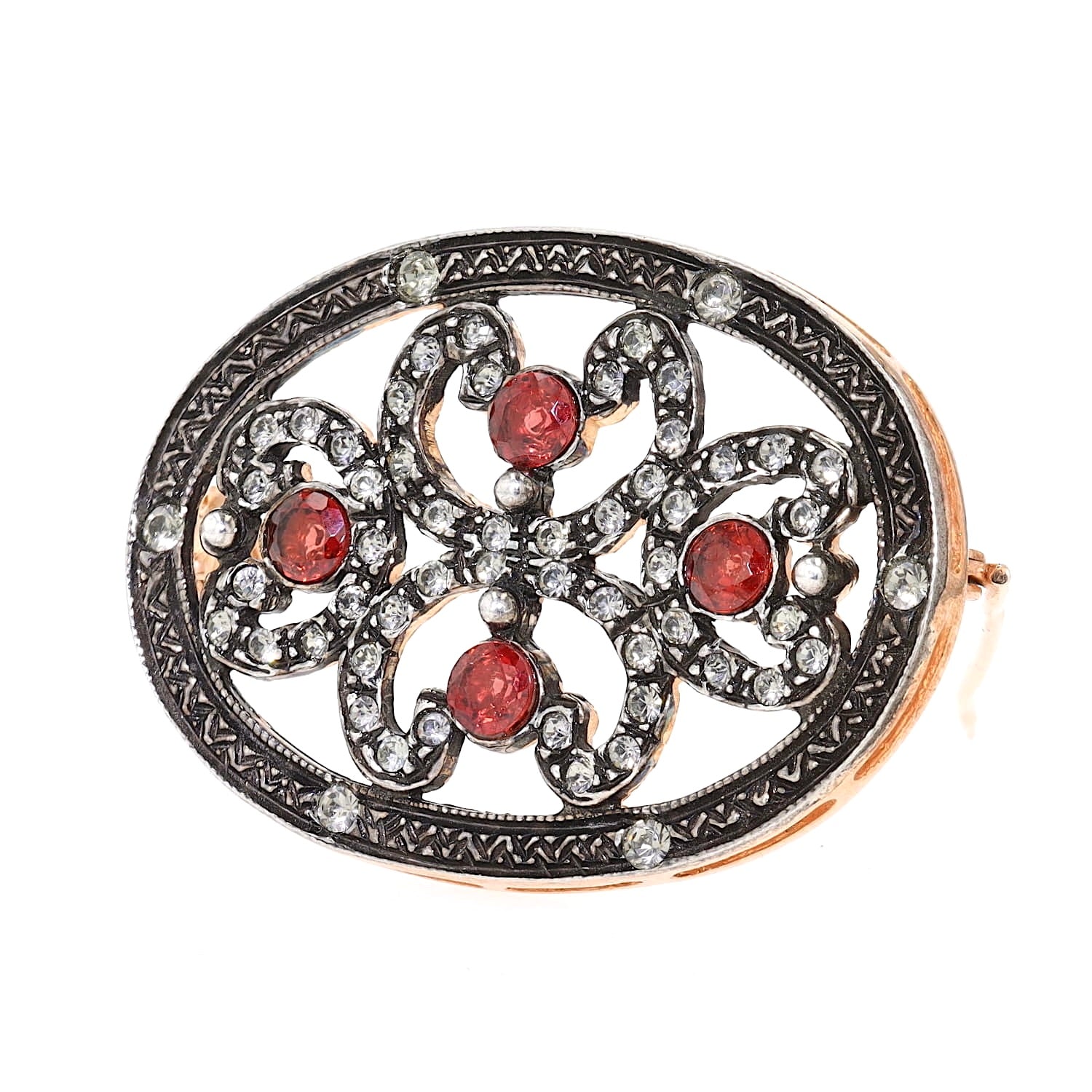 Italian brooch made of 925 silver, gold-plated with red and white glass stones, turned inverted