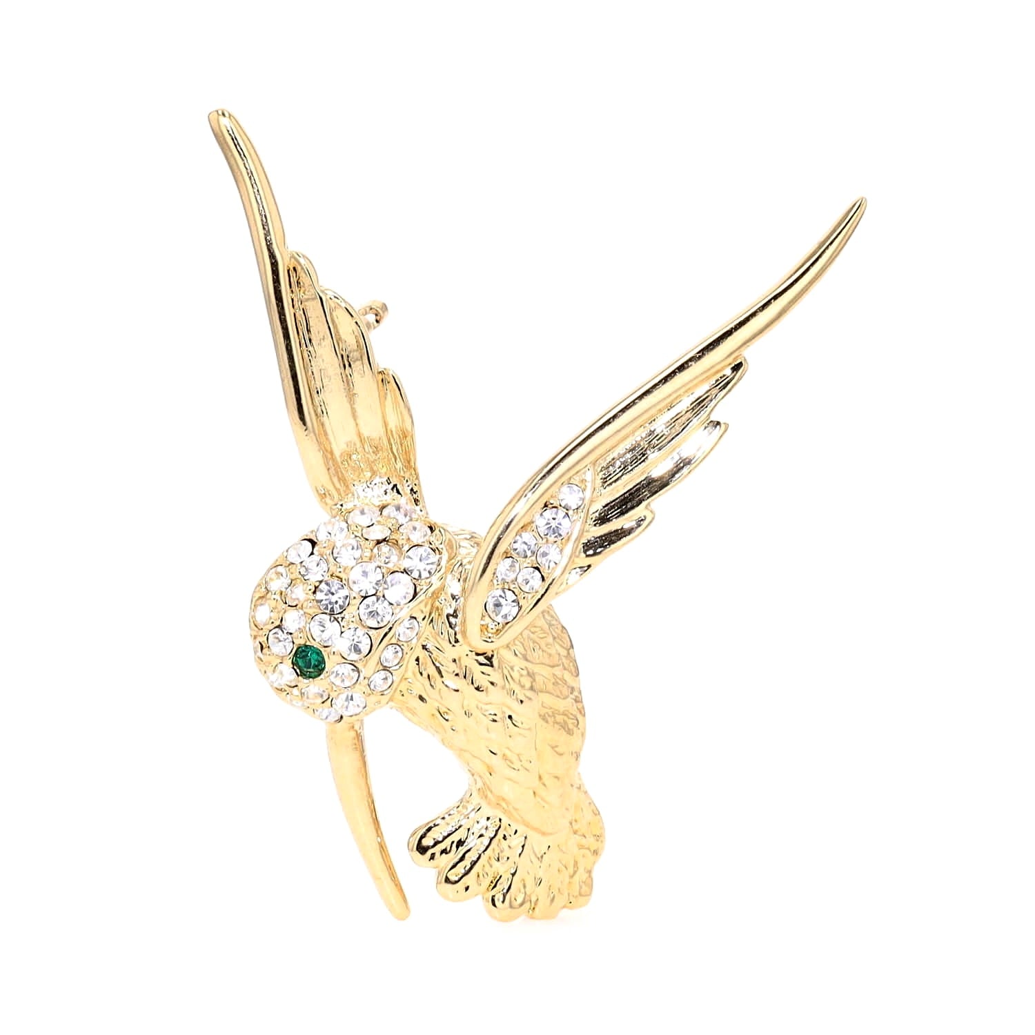 Gold-plated costume jewelry brooch in the shape of a hummingbird with glass stones, standing frontally