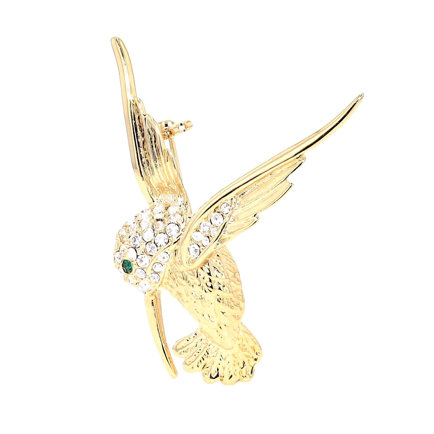 Gold-plated fashion jewelry brooch in the shape of a hummingbird with glass stones, standing inverted