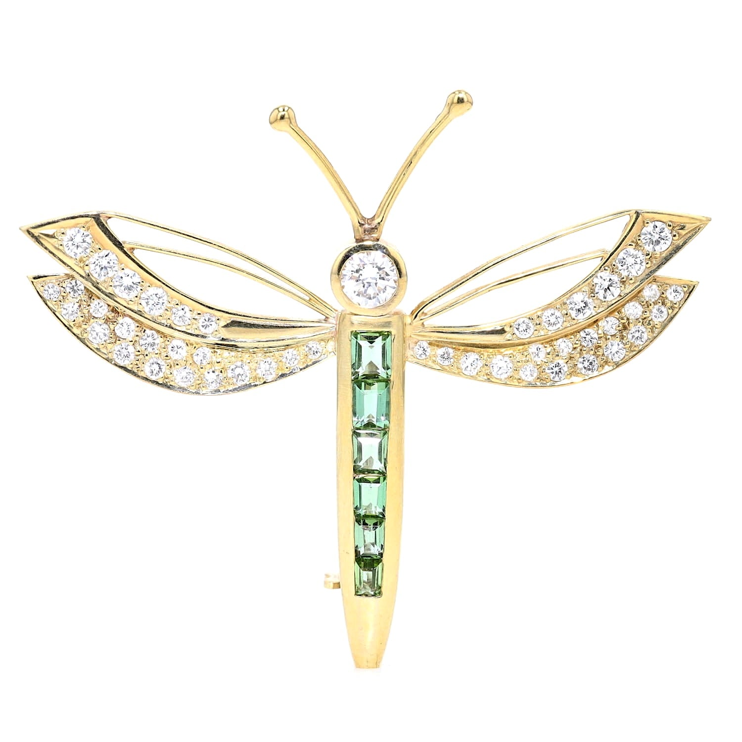Brosche in Form einer Libelle aus 585er Gelbgold mitBrillanten und Turmalinen, Stehend frontal