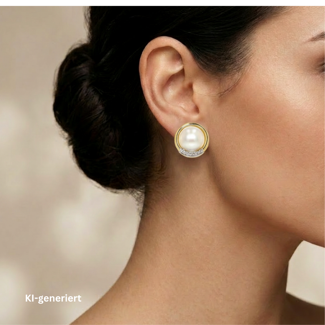 Clip-on earrings in 585 yellow gold, each with a large size.cultured pearl and diamonds, on an AI-generated woman's ear