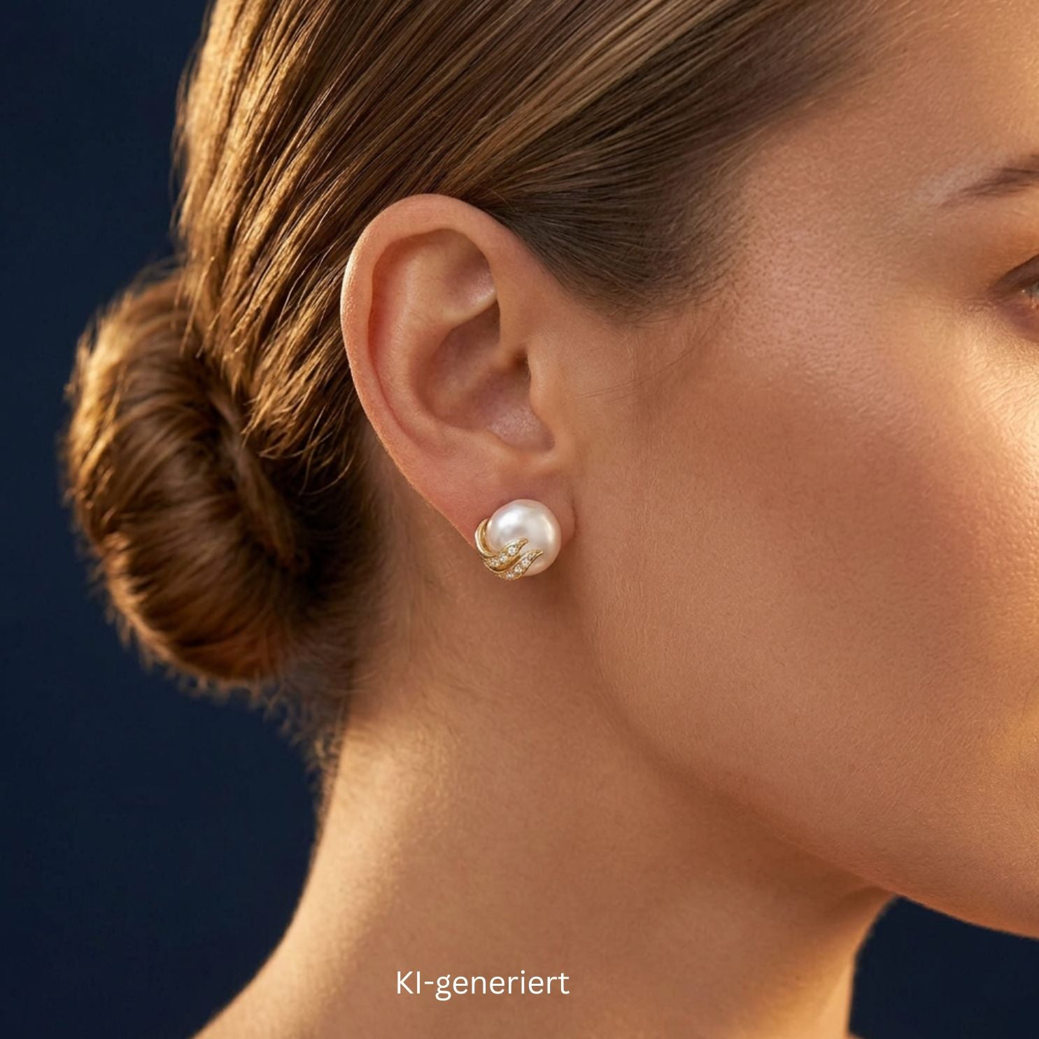 Paar Ohrstecker in 585er Gelbgold mit je einer Zuchtperle und Diamanten, einzeln am Ohr einer KI-generierten Frau