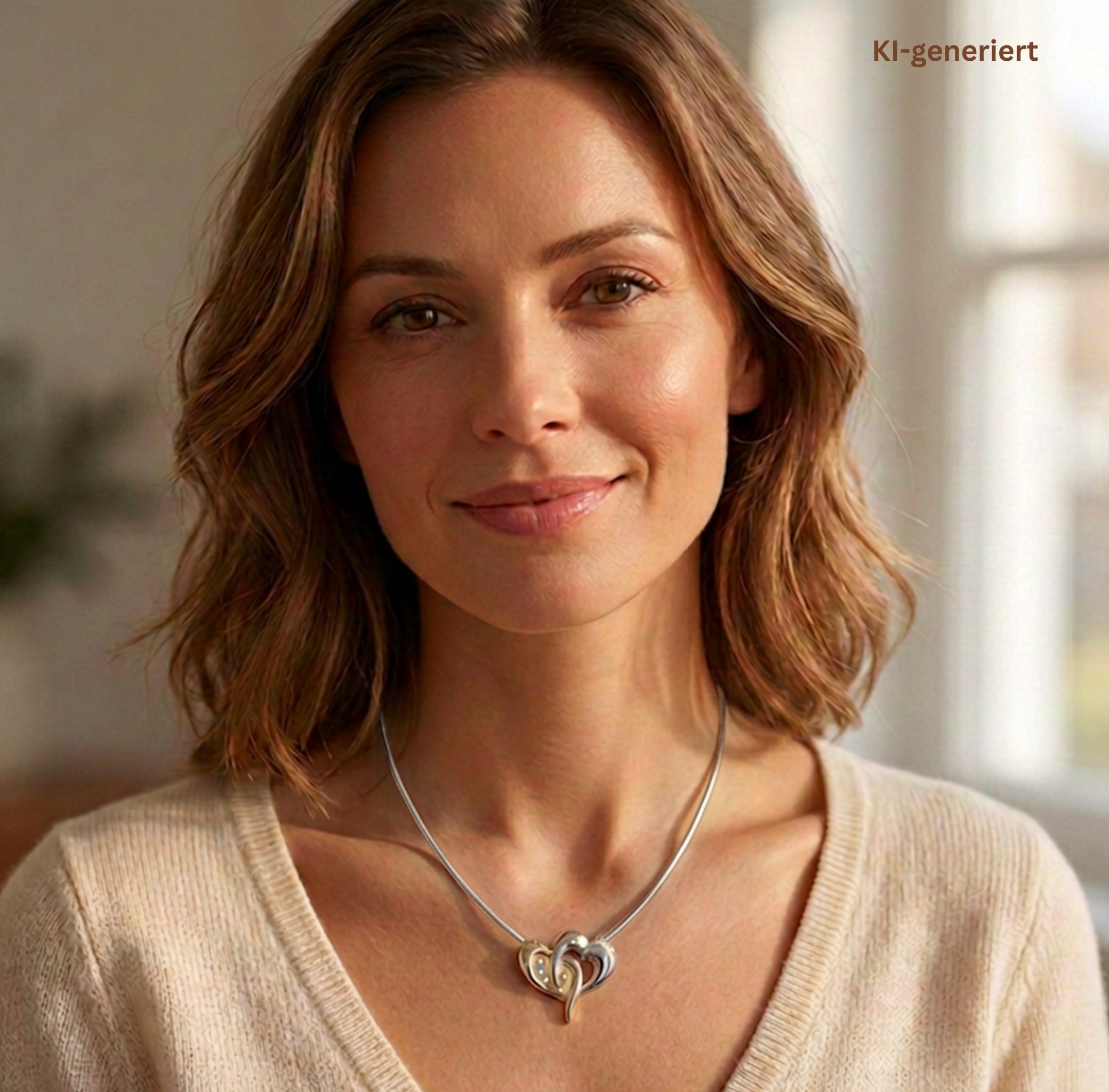 Pendant with interchangeable locking system from the JKa brand in 585 yellow and white gold Brilliants, on an AI-generated woman