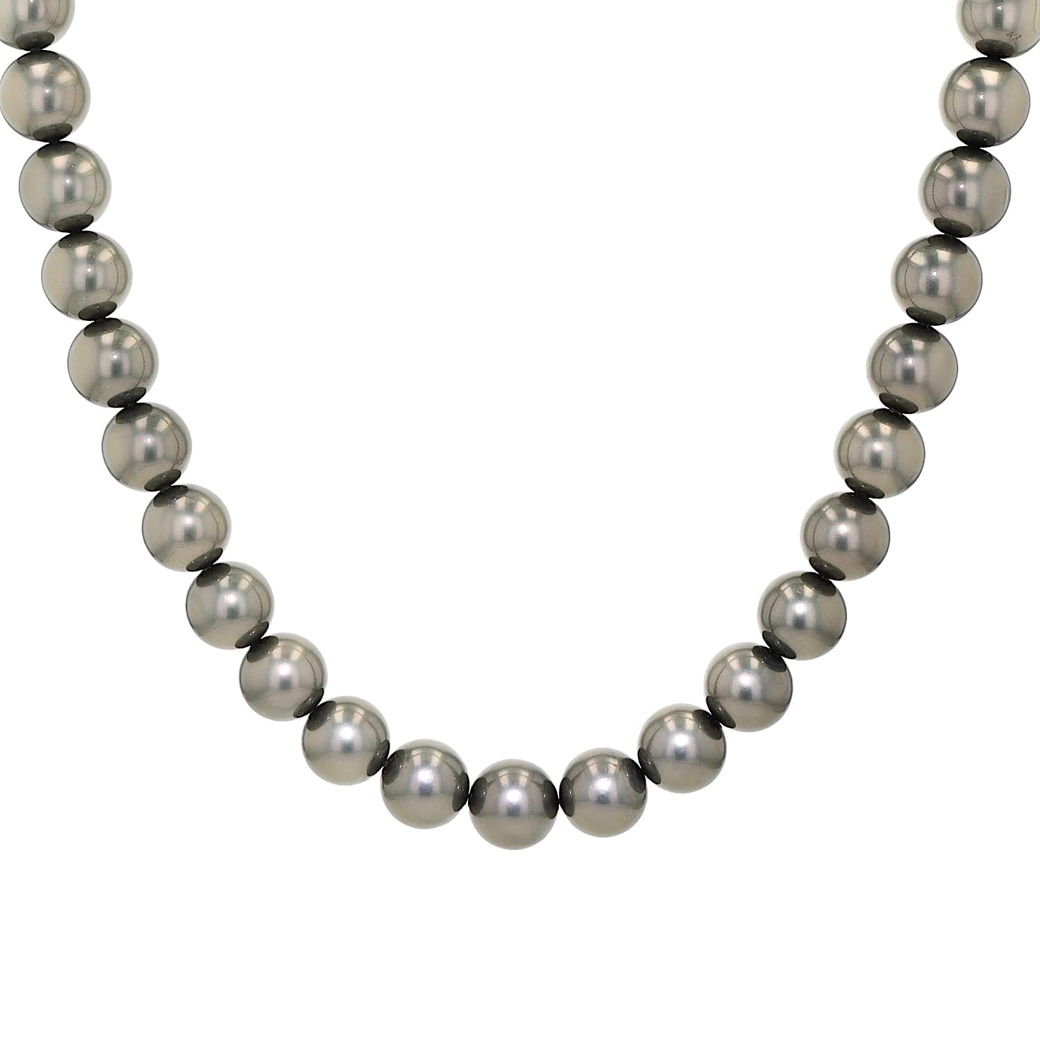 Faux pearl necklace on a steel cable with a magnetic lock made of 925 silver, hanging frontally