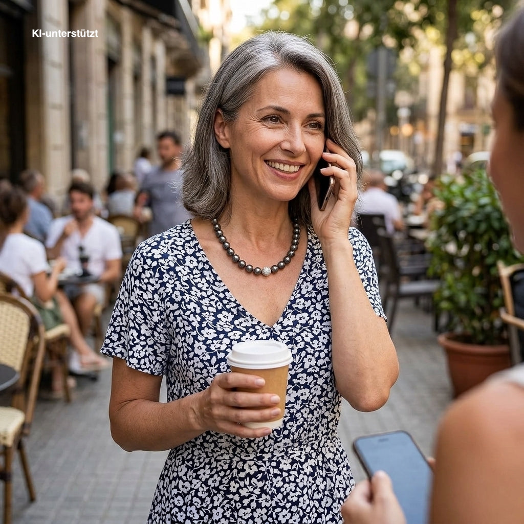 Imitation pearl necklace on a steel cable with a magnetic lock made of 925 silver, on an AI-generated woman in a summer dress