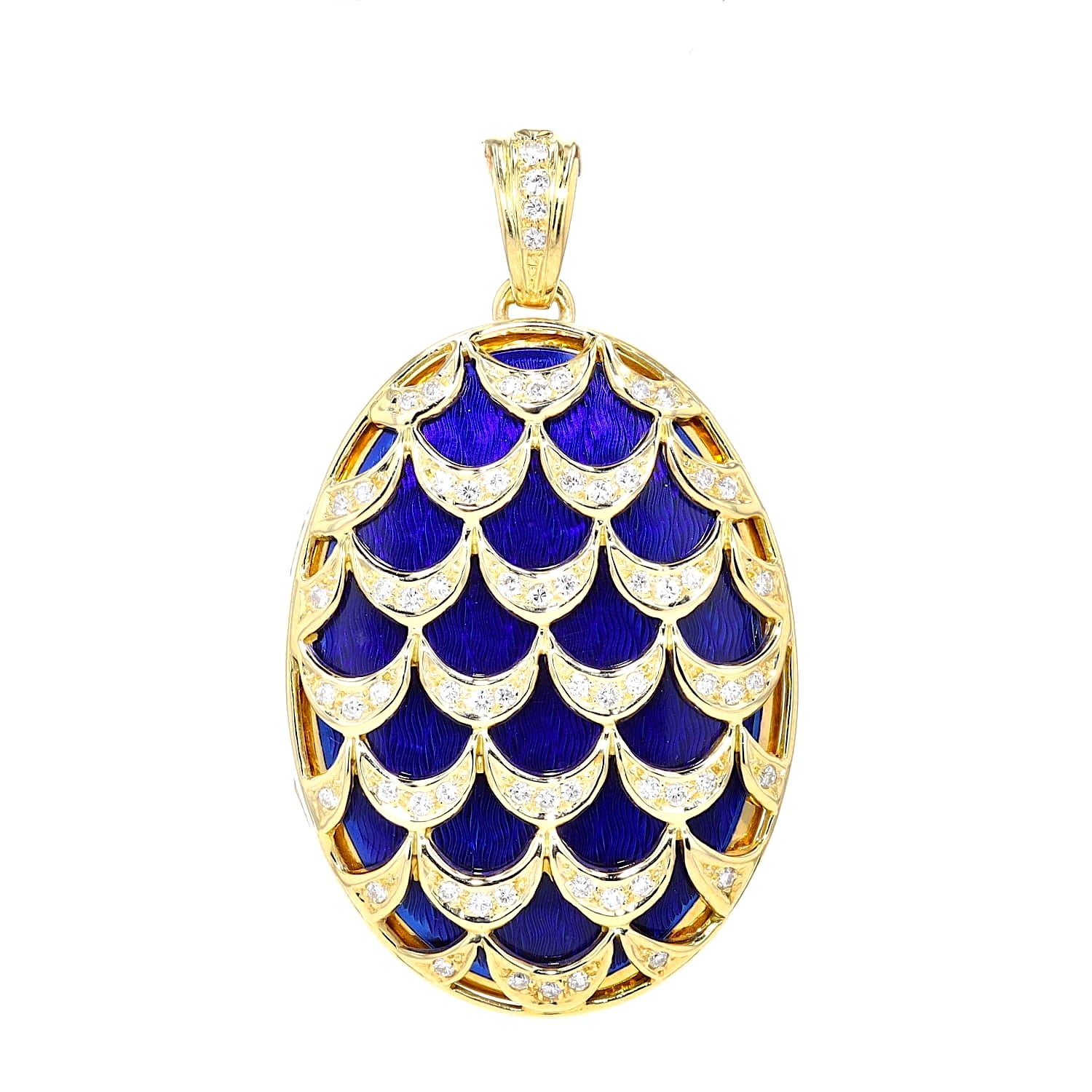 Fabergé pendant/medallion 26/300 in 750 yellow gold with blue guilloché enamel and Brilliants,, hanging frontally