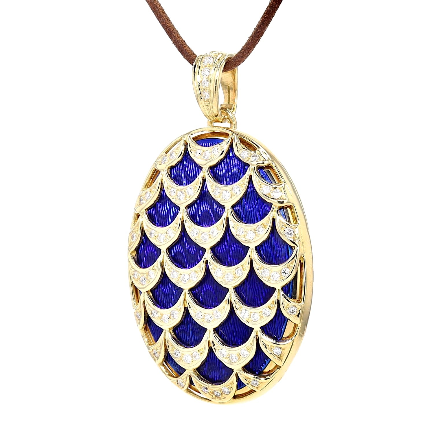 Fabergé pendant/medallion 26/300 in 750 yellow gold with blue guilloché enamel and Brilliants, hanging turned left