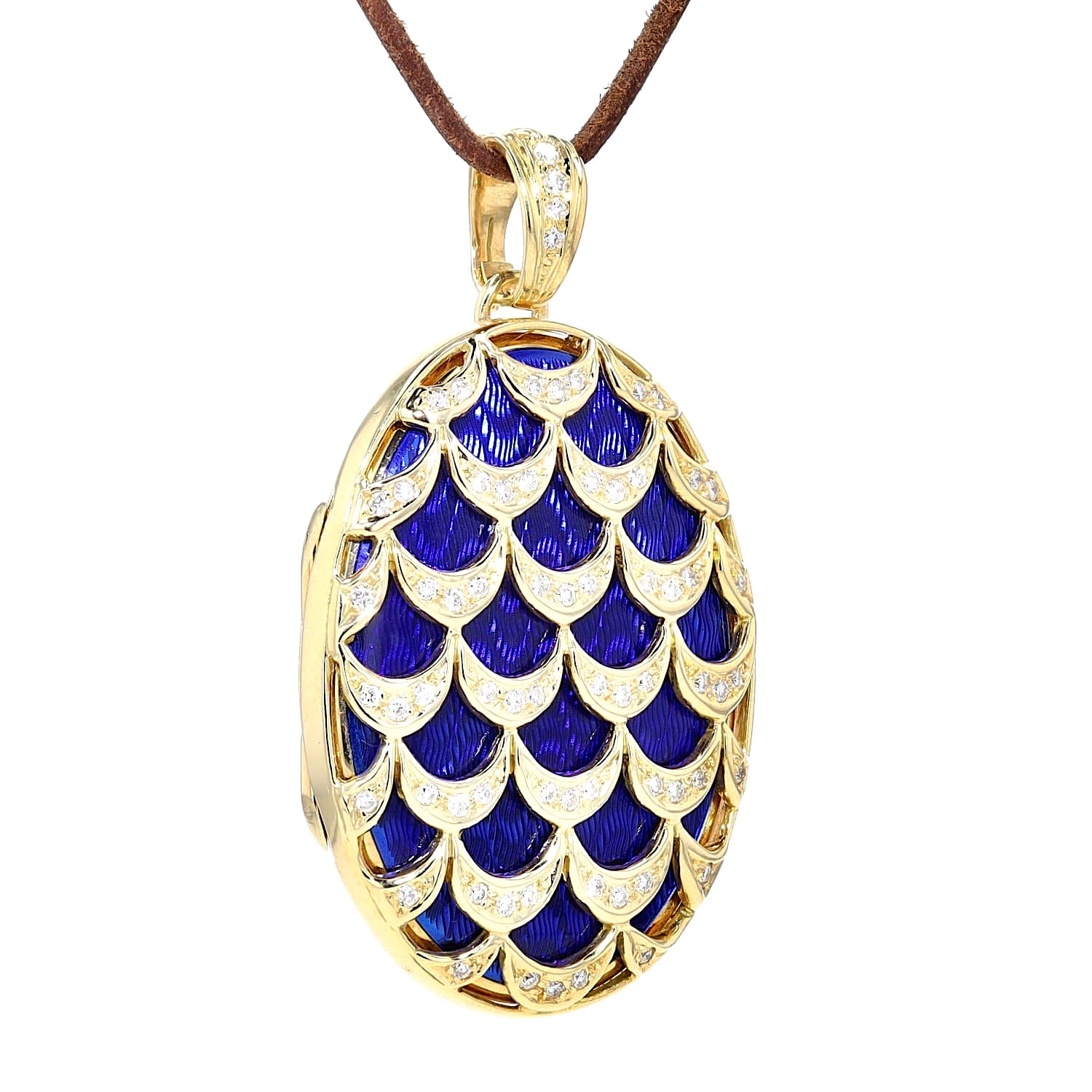 Fabergé pendant/medallion 26/300 in 750 yellow gold with blue guilloché enamel and Brilliants, hanging turned right