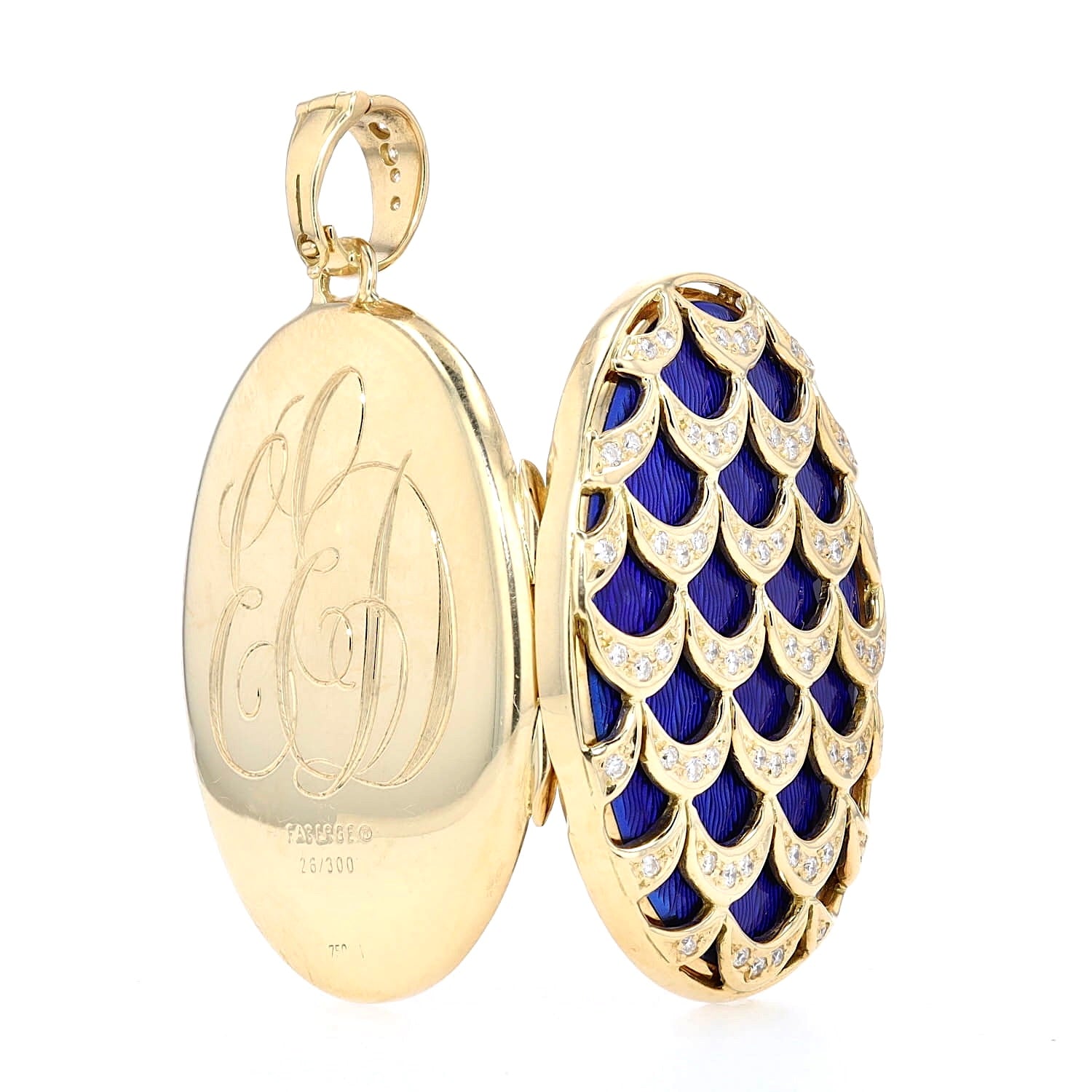 Fabergé pendant/medallion 26/300 in 750 yellow gold with blue guilloché enamel and Brilliants, hanging open view of front and back