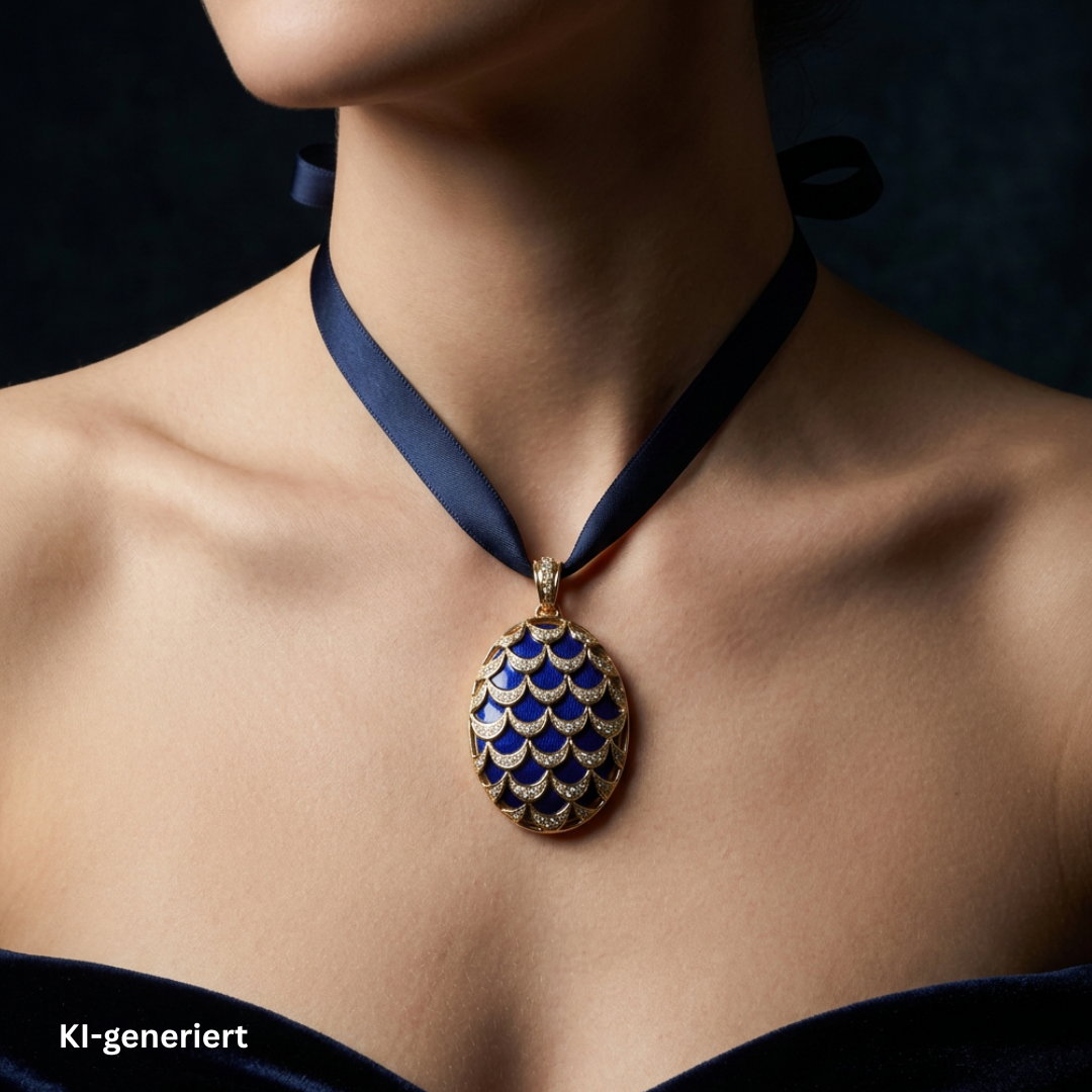 Fabergé pendant/medallion 26/300 in 750 yellow gold with blue guilloché enamel and Brilliants, on the neck of a Ki generated woman 