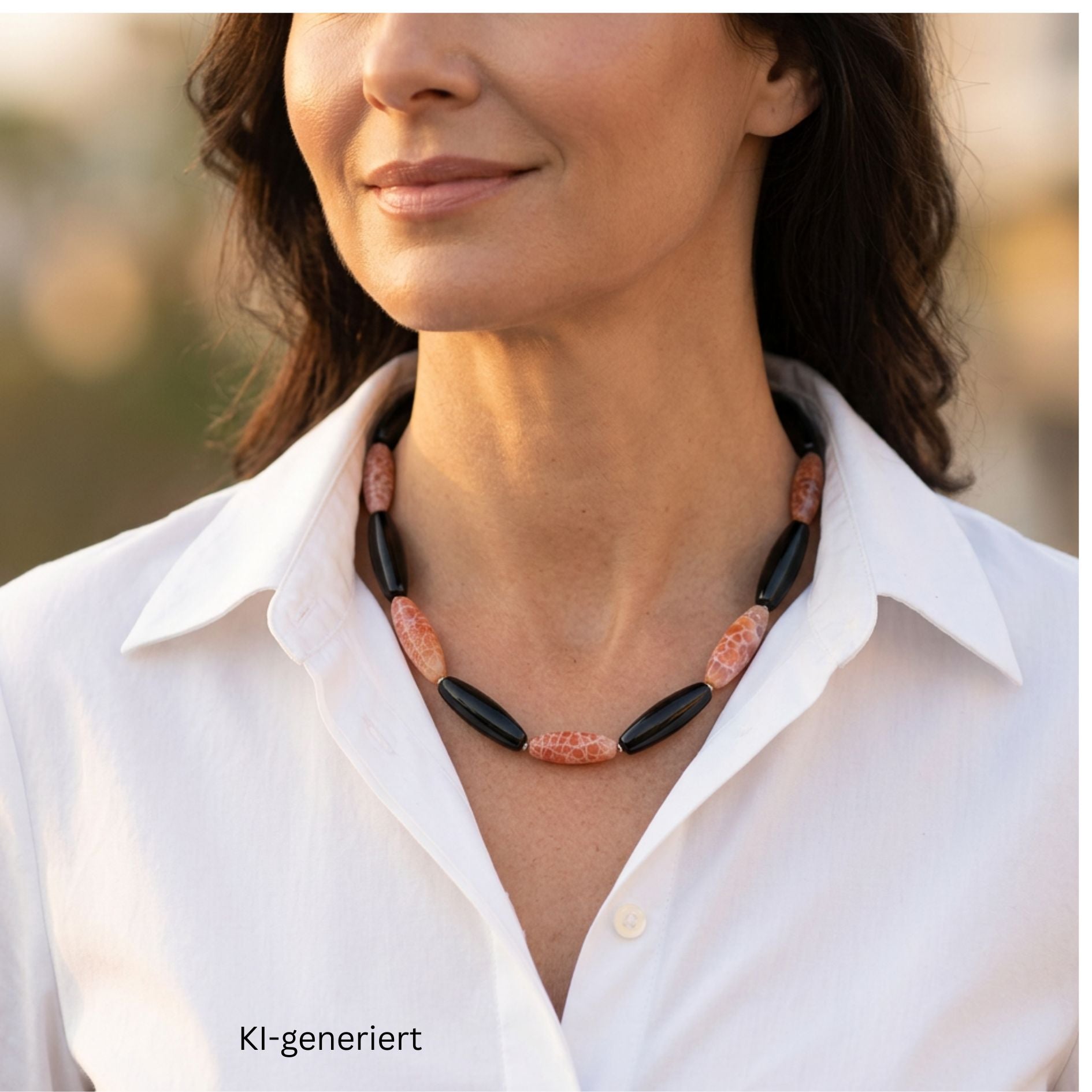 Kette aus Karneol und Onyx mit Magnetschloss und Kugeln aus Silber, an einer Ki-genrierten Frau in weißer Bluse