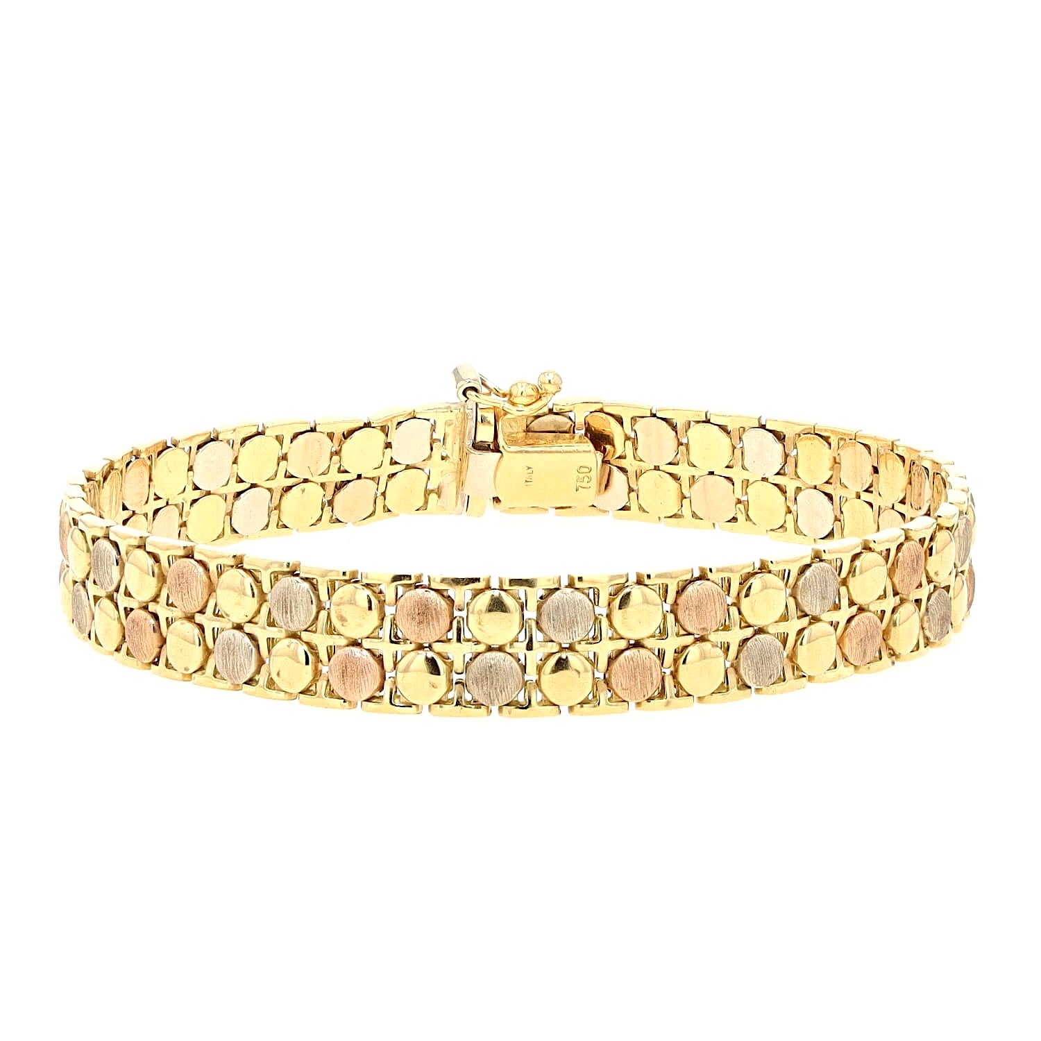 Italian bracelet in 750 tricolor gold, lying closed at the front