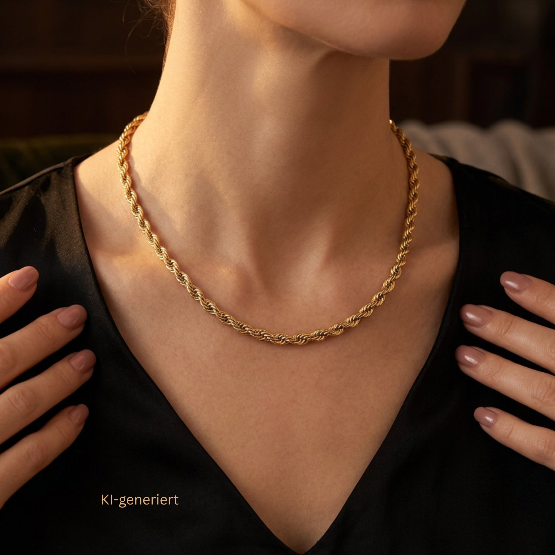 Kordelkette in 585er Gelbgold, am Hals einer KI-generierten Frau