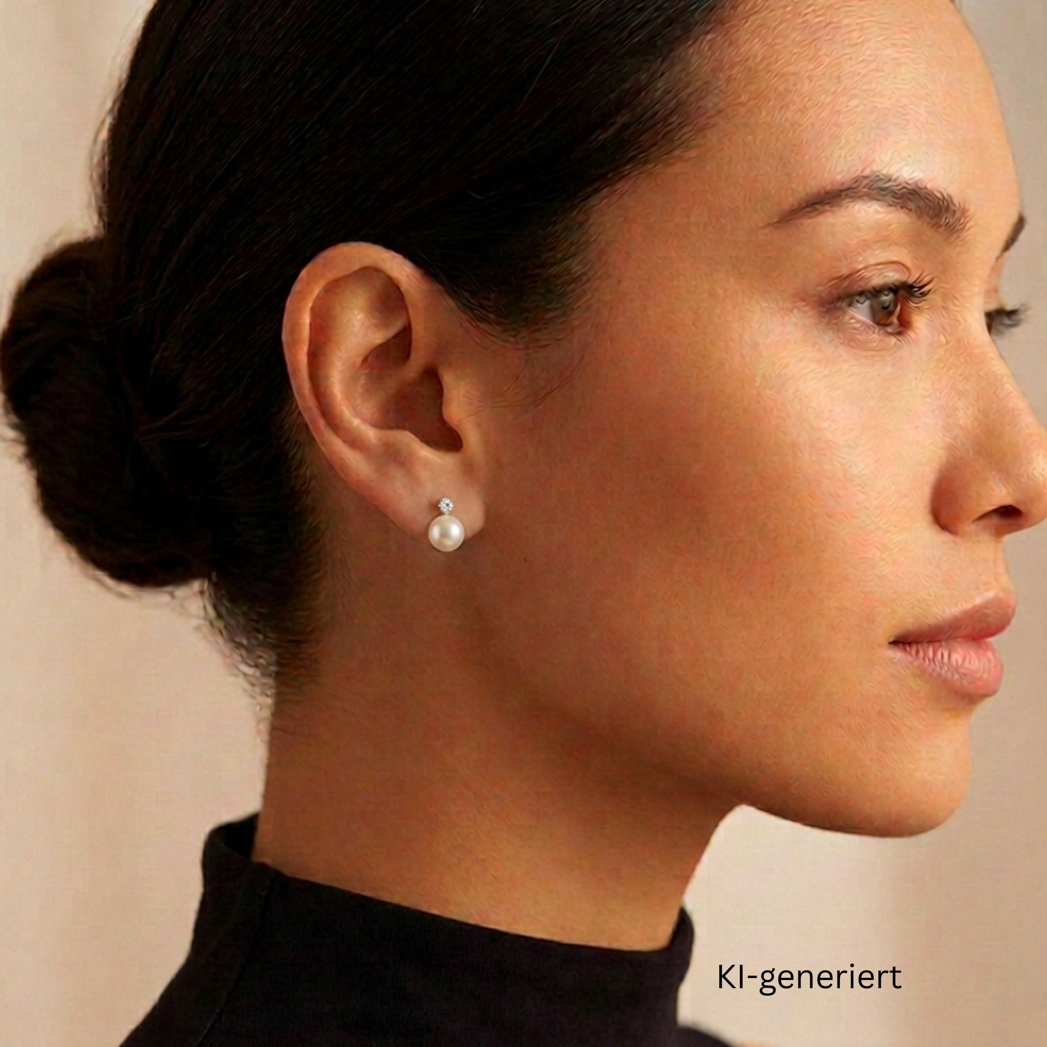 Paar Ohrstecker in 585er Gelbgold mit je einer Zuchtperle und einen Brillanten, am Ohr einer KI-generierten Frau