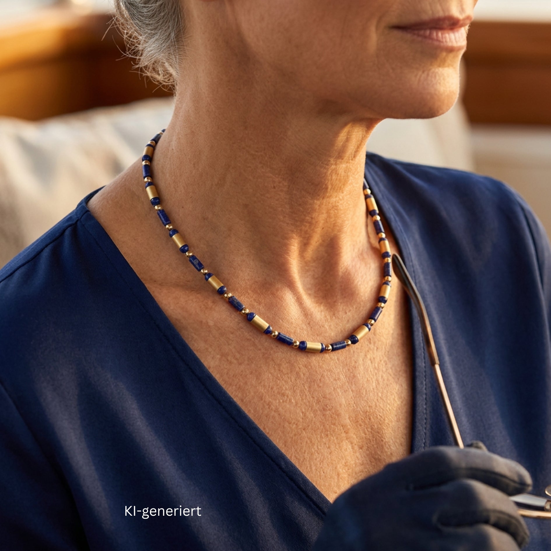 Kette mit 585er Gelbgoldelementen und Lapis lazuli Elementen, Magnetschloss von Lango Silber-vergoldet, am Hals einer KI-generierten Frau