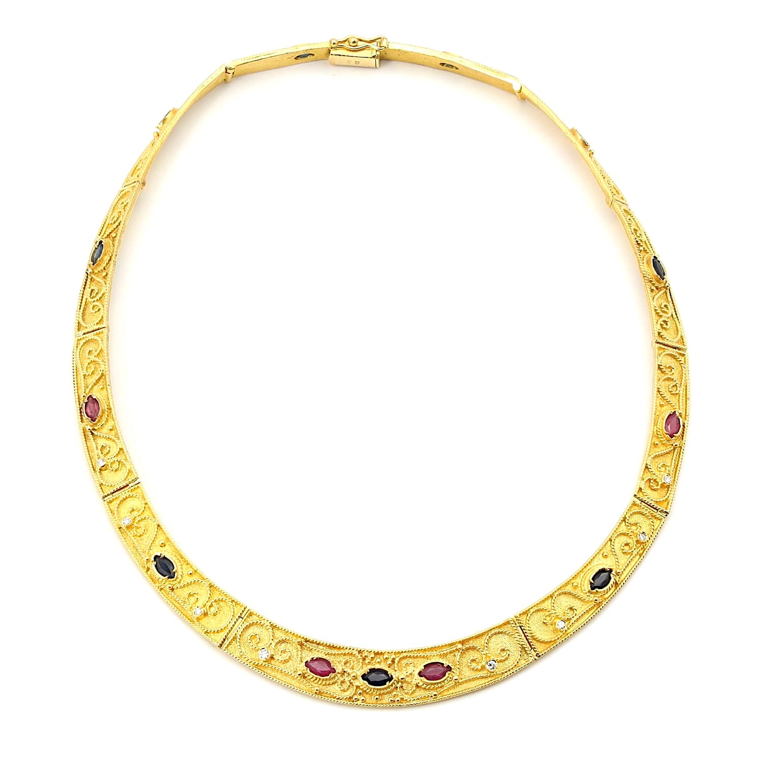 Heavy, luxurious necklace in 750 yellow gold with blue sapphires, rubies and Brilliants, lying closed